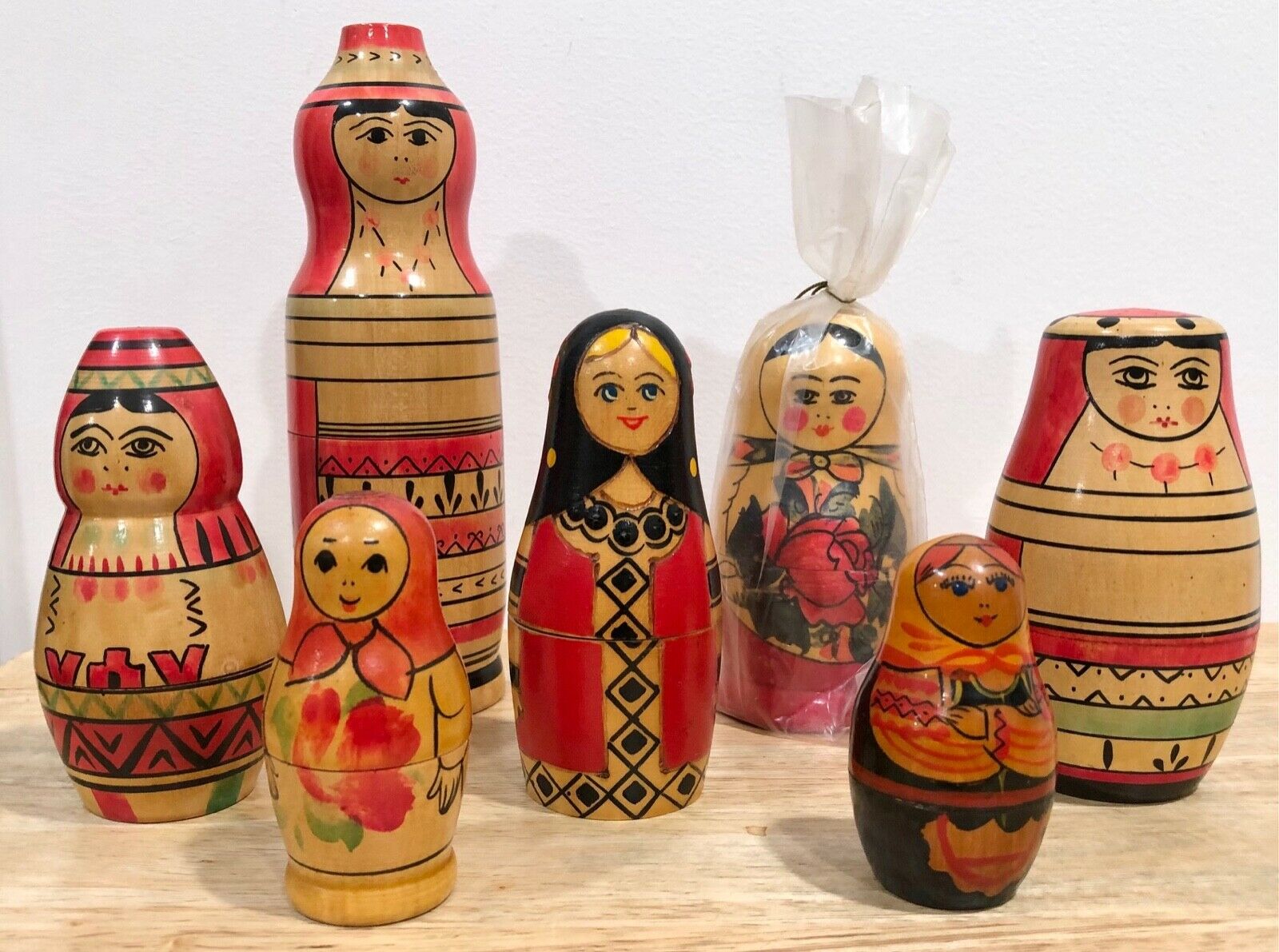 Vintage Ussr Matryoshka Nesting Dolls - Wooden Stacking Family - Collection Of 7