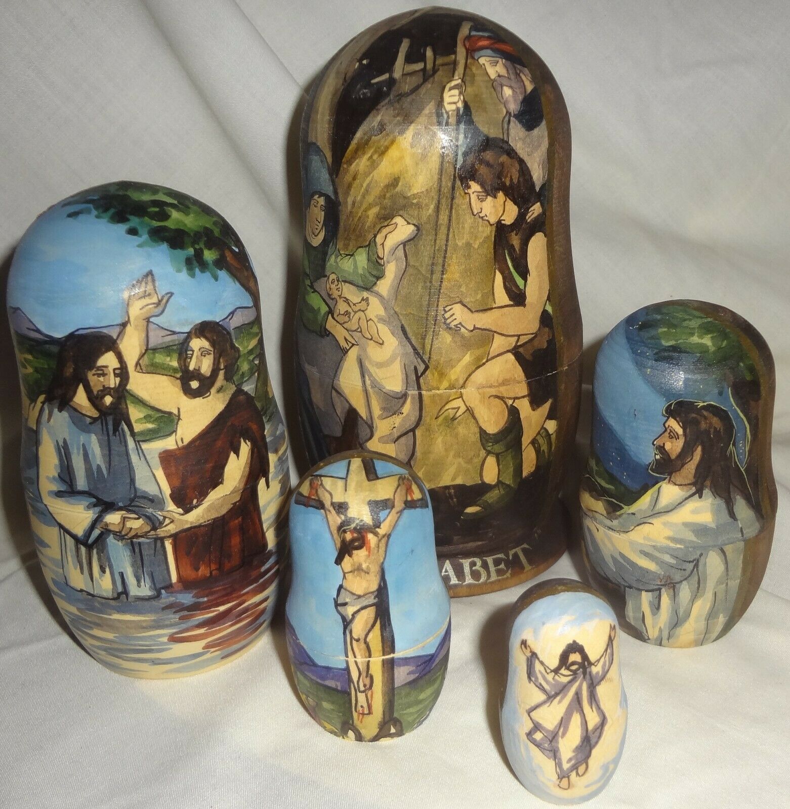 Vintage Russian Hand Painted Wooden Life Of Christ Nesting Dolls - Complete Set