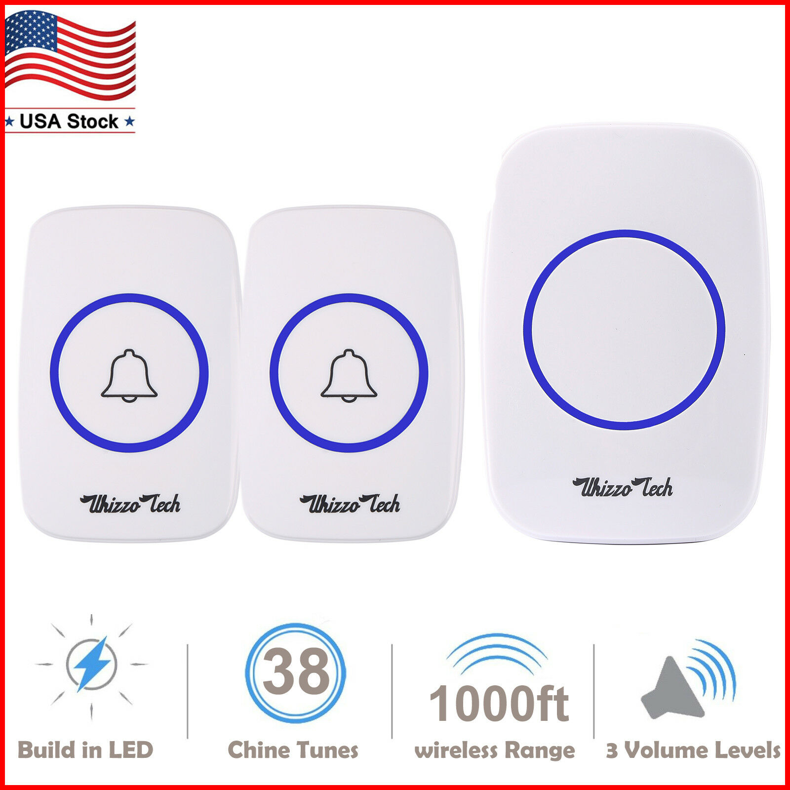 Wireless Doorbell Waterproof Door Chime Kits 2 Remote Buttons+1 Plug-in Receiver