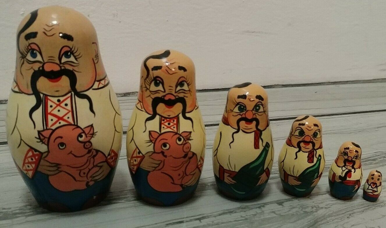 Vintage 6pc Russian Nesting Dolls Mustache Men