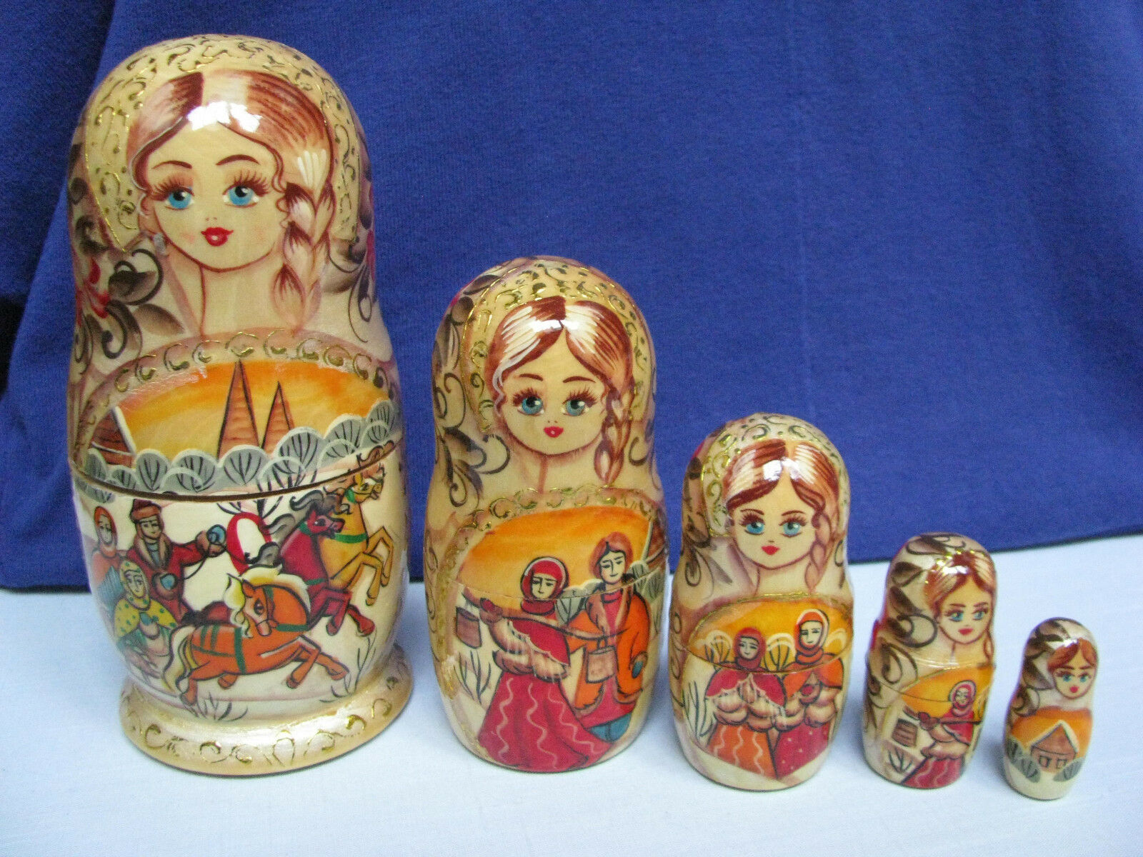 Matryoshka 5 Pc Wood Doll Snow Princess Sleigh Ride Winter Scene Russia Folk Art