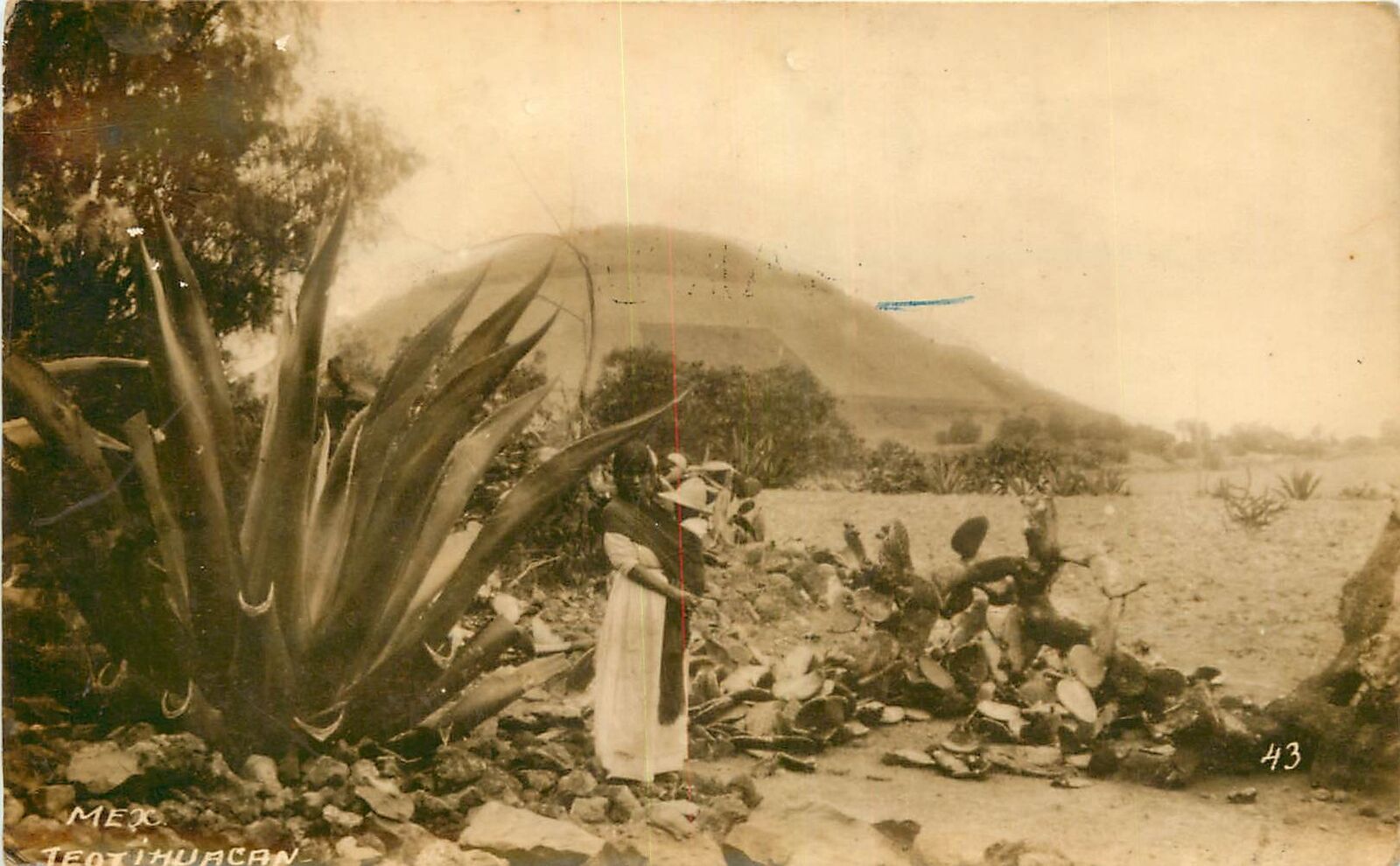 Mexico, Teotihuacan Pyramid & Native Woman & Child Early Real Photo Postcard