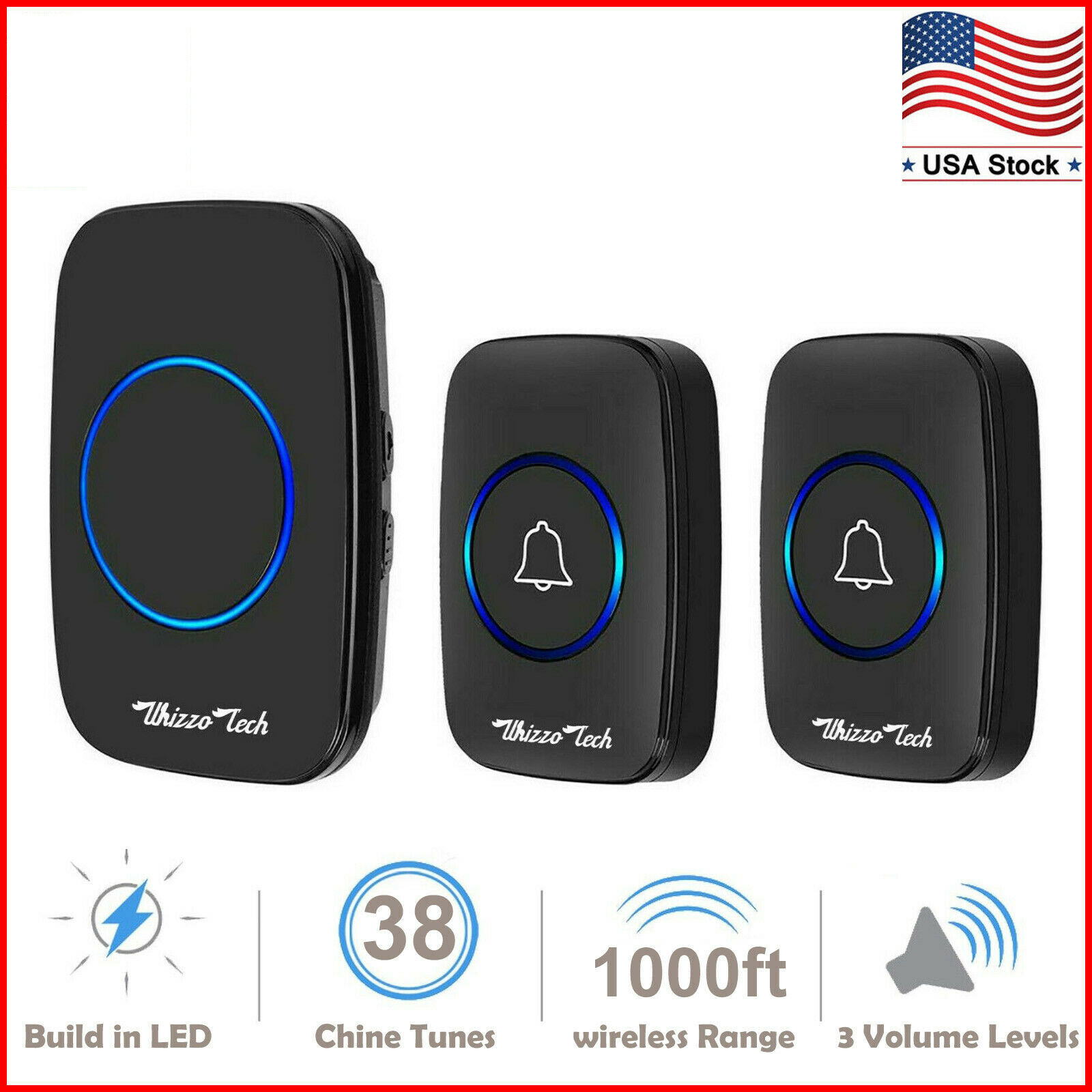 Wireless Doorbell Waterproof Door Chime 2 Remote Button+1 Plug-in Receiver Black