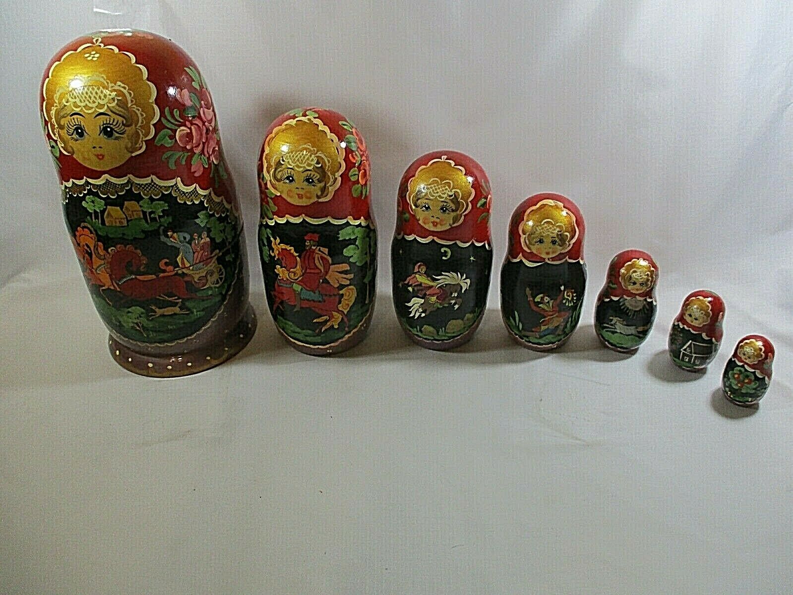 Vtg. Hand-painted Russian Wooden Matryoshka Village Scenery 7-nest Dolls
