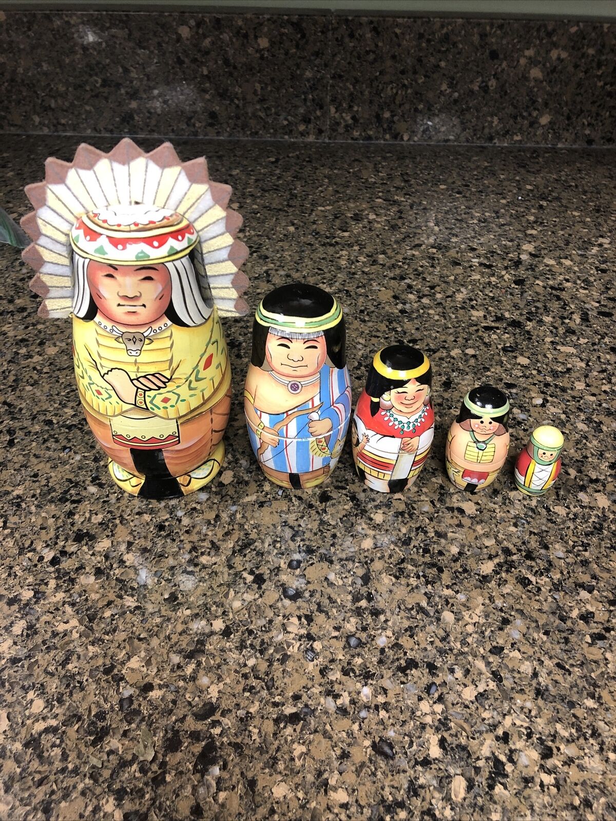 Vintage Nesting Stacking Wooden Native American Indian Dolls