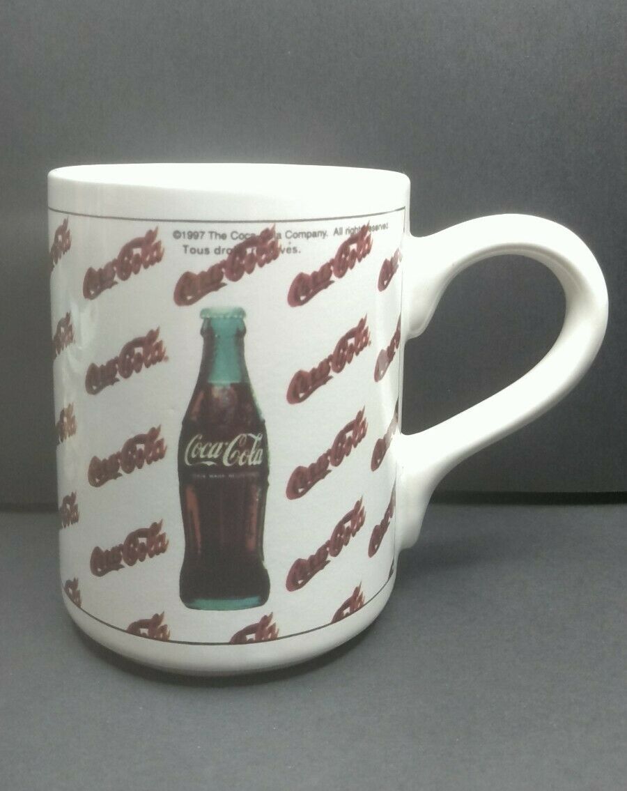 Vintage 1997 Coca Cola Coffee Mug Cup Coke Bottle All Over Print Collectible